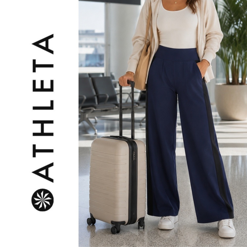 Athleta, Venice Colorblock Wide Leg Pants Navy Blue Black Side Stripe Medium